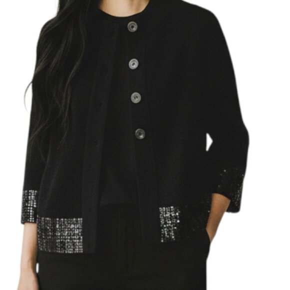 Dana Buchman Sweaters - DANA BUCHMAN Black Mock Neck Buttoned Black Cardigan with Embellishments - Large